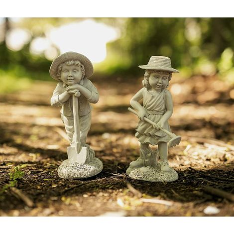Gardening Kids Statue Set Boy and Girl Garden Ornaments White Stone Effect Statues Decorative Resin Sculpture for Patio, Flowerbeds, Pond, Lawn (1/5)