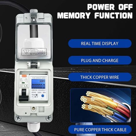 Compteur électrique numérique mobile 230 V 16 A pour prise de courant avec disjoncteur FI type A, IP44 CEE 3 broches 16 A mâle vers prise CEE 16 A, boîtier de compteur électrique IP67 (1/3)
