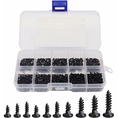 1000 Pcs mini vis à bois cruciformes auto-taraudeuses à tête ronde Mini vis M1 M1.2 M1.4 M1.7 Vis à Bois Cruciformes Assortiment Micro vis de haute Précision avec Boîte de Plastique-Noir (1/4)