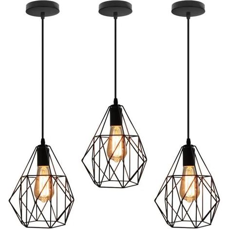 U-Do 3Pcs Lustre Ajustable Vintage Suspension Luminaire Cage en Fer Noir E27 Lampe Intérieur style Industriel (1/4)