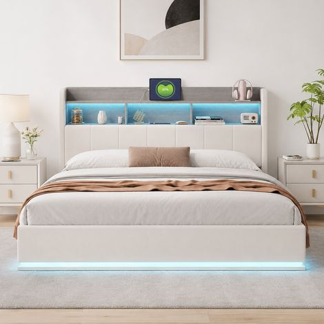 Lit coffre hydraulique 140x200 cm velours blanc, tête de lit avec rangement, USB et LED intégrée, sommier à lattes, lit double bas, idéal pour chambre adulte (1/5)