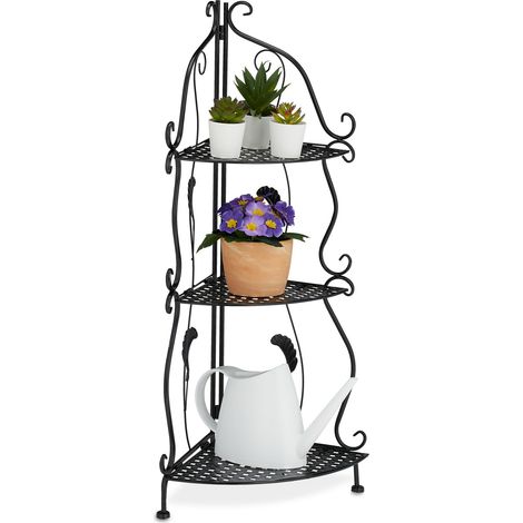 Relaxdays Eckregal Metall, 3 Ablagen, HBT: 82,5 x 30 x 30 cm, Pflanzenregal freistehend, klappbar, Vintage-Look, schwarz