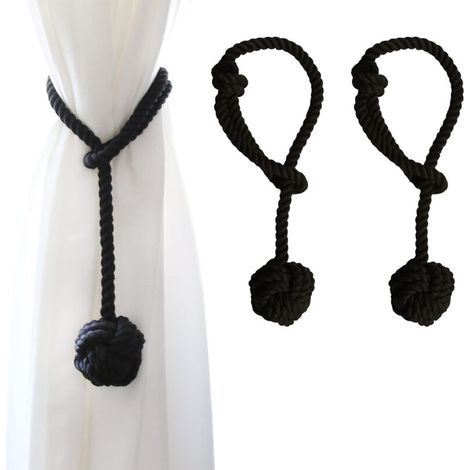 Set mit 2 Vorhanghaltern mit großem handgewebtem Baumwollball für Outdoor-Vorhänge (Schwarz, 2) (1/4)