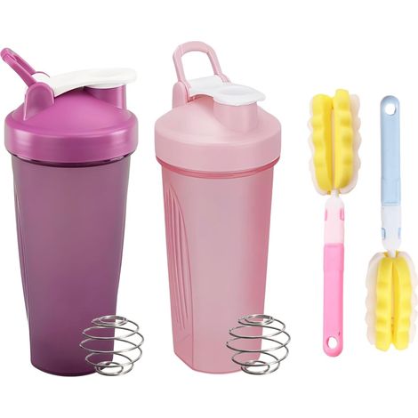 Set di 2 shaker per proteine con 2 sfere di miscelazione in acciaio inox + 2 spazzole in schiuma per il fitness, tappo a tenuta stagna con cinturino da polso