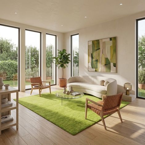 Tapis Gabbeh tissé Tapis Uni - Tapis en laine - 150x150cm, Square - 100% Laine vierge - Tissé main - Vert lime