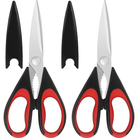 Lot de 2 ciseaux de cuisine multi-usages en acier inoxydable, manche doux rouge/noir