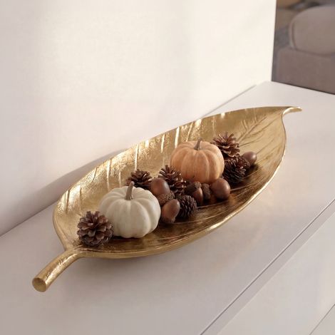 Coupelle décorative longue feuille 61x18 cm en aluminium doré (1/4)