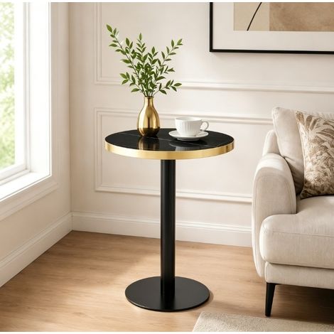 CHICFURN Mesa auxiliar redonda 60 cm x 73,7 cm en MDF negro y metal, efecto mármol, para salón (1/5)