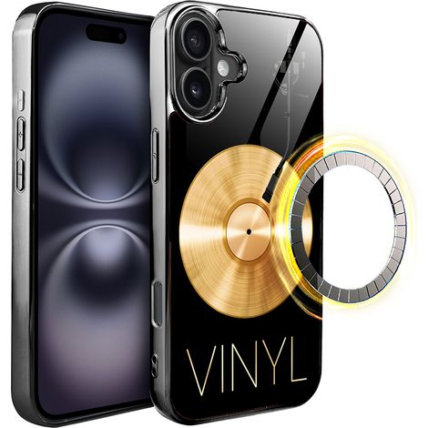 Coque en verre ibizu Elite pour iPhone 16 avec MagSafe, dos en verre, Golden Midnight, Vinyl Lux, noir (1/5)