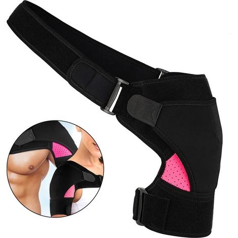 Tutori per la spalla per lesioni della cuffia dei rotatori, di colore rosa, che offrono supporto e compressione.