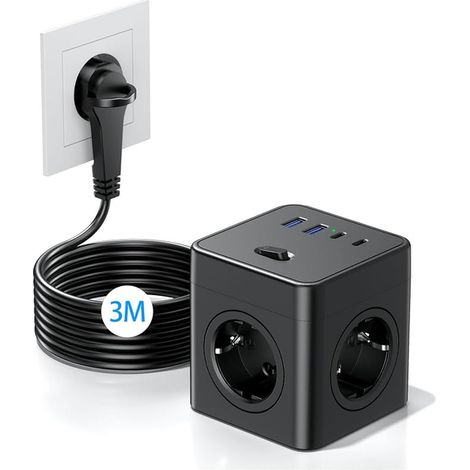 Cube Multiprise avec Interrupteur, 4 Prises avec 2 USB-A et 2 USB-C, multiprise Power Cube avec Anneau de Traction, câble de 1,5 m pour la Maison/Le Bureau, Noir (1/5)