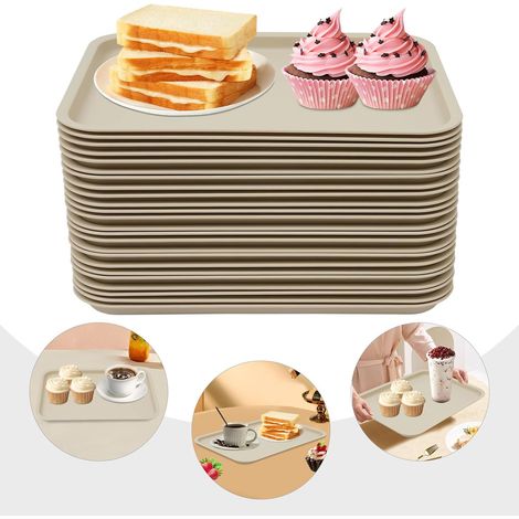 Fast Food - Lot de 24 plateaux de service rectangulaires en plastique antidérapant - 36 x 27 x 2 cm - Pour restaurants rapides, cantines, cafétérias - Kaki (1/5)
