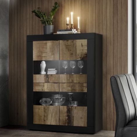 Vitrine moderne 4 portes noir et bois 100cm CALIA (1/5)
