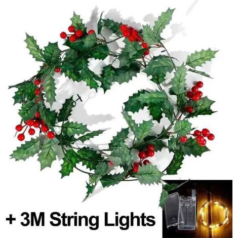 Guirlande De Noël - Feuilles De Houx Artificielles - Avec Cordes Lumineuses LED - Pour Intérieur Extérieur - 1 Ensemble (2 M)