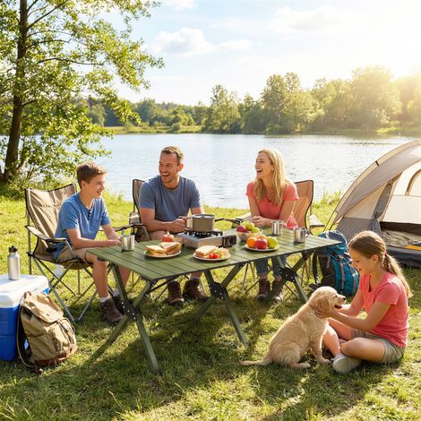 Table pliante camping 116cm imperméable plateau roulable cadre métallique portable jardin parc barbecue, vert