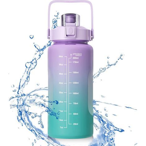 Bouteille d'eau, Gourde Sport 2 Litre, Marqueur de temps inspiré, gourde avec paille, sans BPA, Étanche, léger et réutilisable (Violet) (1/5)