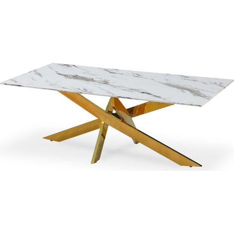 Table basse rectangulaire en verre effet marbre et pieds doré Jodie (1/4)