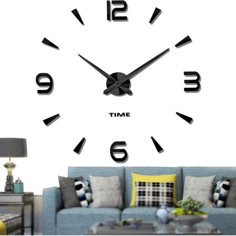 Horloge murale moderne silencieuse à faire soi-même, grand format, autocollant 3D, décoration pour la maison ou le bureau, cadeau (noir) (noir)