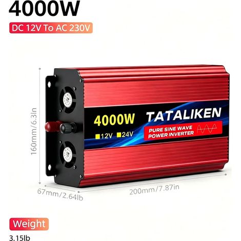 TATALIKEN Reiner Sinus‑Wechselrichter 4000 W, 12 V DC auf 230 V, Stromumwandler für Wohnmobil, Camping, Fahrzeuge und Notstromversorgung