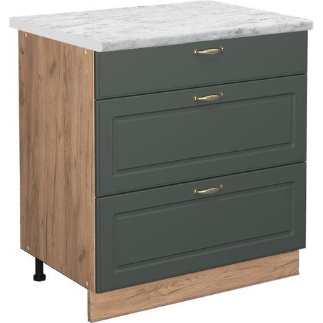 Mueble bajo de cocina Fame-Line, Verde dorado Casa de campo, 80 cm con 3 cajones, ET Mármol, Vicco