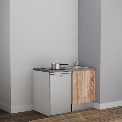 Kitchenette K08L-PT - 120 cm avec plan de travail et évier - emplacement frigo - Façade Bois - Plan Gris béton - Evier Inox - Crédences Non