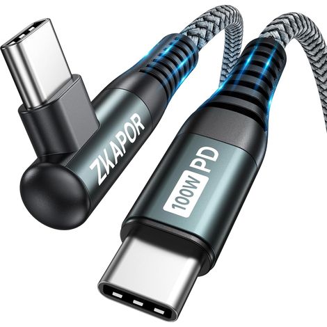 Câble USB C vers USB C 1M 100W Cable USB Type C Coudé Charge Rapide Câble Type C Angle Droit Chargeur Rapide Nylon Cable USBC vers USBC pour 17/16/15 Pro Max, Galaxy, Pad, Pixel (1/5)
