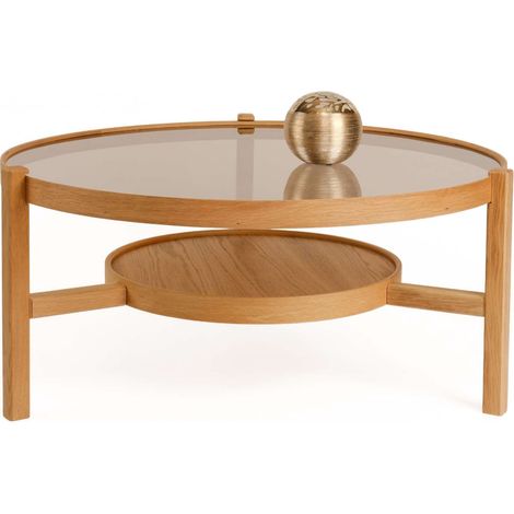 Mesa de Centro Olzai, un Compartimento, Tapa de Vidrio Templado, Forma Redonda, 100x100x48h cm Roble Marrón