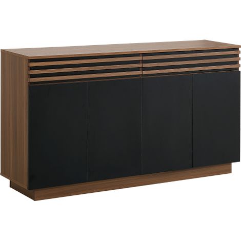 Buffet contemporain bicolore noyer-noir 150×40×85cm, meuble de rangement multifonction adapté pour salon, salle à manger et cuisine, 2 tiroirs + 4 portes