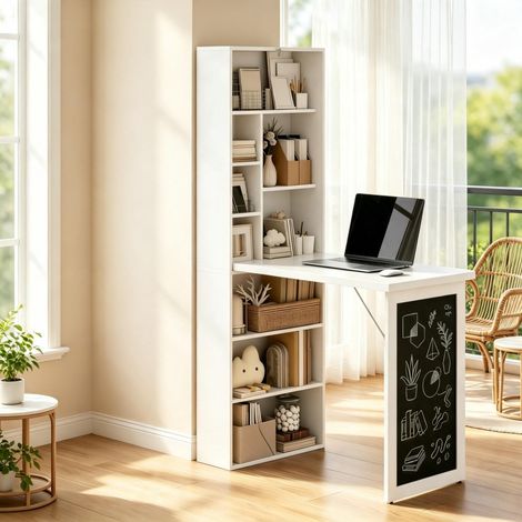 Bureau avec rangement pliable murale rabattable avec bibliothèque poste de travail tableau à craie et étagère réglable (1/5)