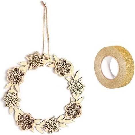 Décor à suspendre bois couronne de Fleurs 22 x 22 cm + masking tape doré à paillettes 5 m