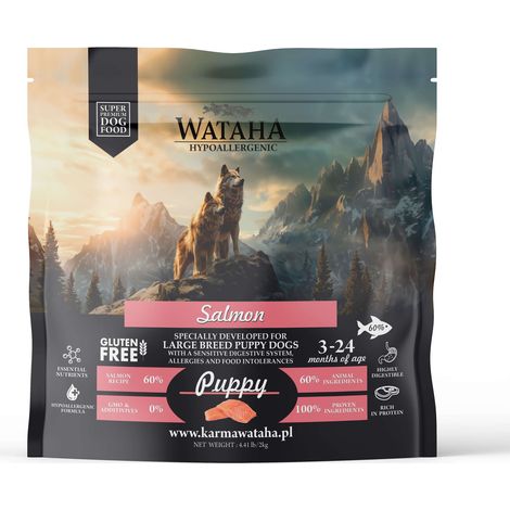 Croquettes hypoallergéniques Wataha pour chiots de grandes et très grandes races, au saumon et au riz, 2 kg (1/2)