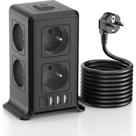 Multiprise avec Interrupteur, Françaises 12 en 1 Prise Tour Multiple avec 8 AC et 4 USB, Multiprise 1 USB C et Rallonge Electrique 5M, Multi Prise Electrique Convients, Maison, 3680W, Noir (1/5)