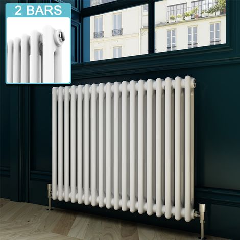 ELEGANT Traditional Column Radiator Horizontal White Double Bar Heater Central Heating + Chrome Thermostatic Radiator Valves 600 x 830mm (1/5)