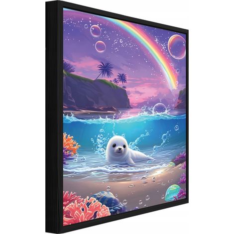 Gerahmtes Leinwandbild Kinderzimmer, Robbe und Regenbogen, dekoratives Wandbild auf Leinwand, sofort aufhängbar, 40 x 30 cm