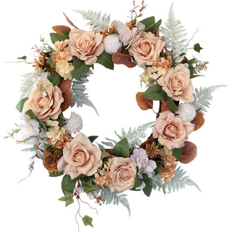 Guirlande De Fleurs Artificielles - Couronne De Roses Et Hortensias En Soie Sur Base De Vigne Naturelle - Décoration Porte Fenêtre Mur Intérieur Extérieur - Diamètre 50 Cm - 1 Pièce (1/5)