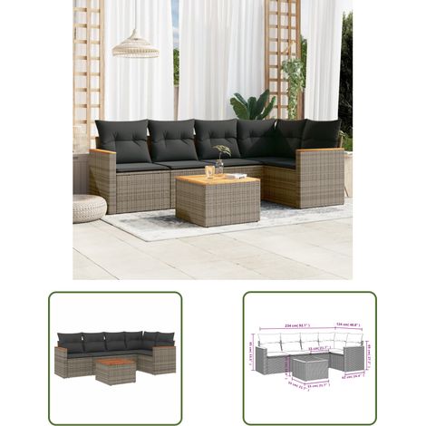 The Living Store 6-tlg. Garten-Sofagarnitur mit Kissen Grau Poly Rattan - Gartenmöbel - Esstischgarnituren - Lounge Möbel - Outdoor Furniture - Rattan Möbel (1/3)