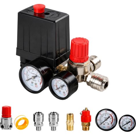 Kit Pressostat pour Compresseur d'Air 220V, Régulateur de Pression avec 2 Manomètres, 5-8 Bar, Accessoire Compresseur à Air avec Raccord Rapide, pour Atelier et Usage Industriel (1/5)
