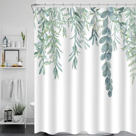 Rideau de douche standard vert sauge à motif de feuilles (150 cm x 180 cm), imperméable, avec 12 crochets en plastique.