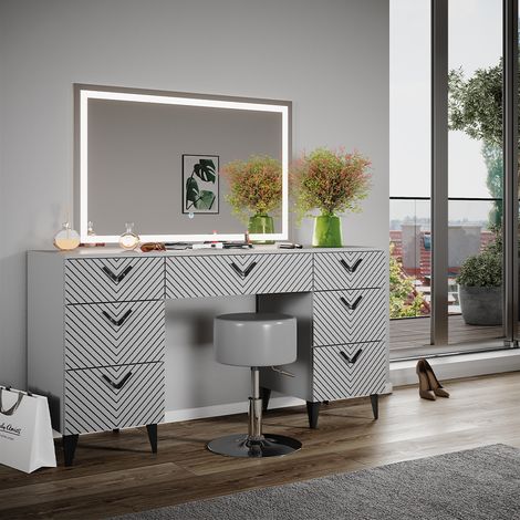Tavolo da toeletta Anett, Grigio, 150 cm con specchio LED e sgabello, Vicco