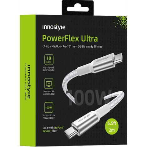 Câble USB-C Innostyle Powerflex Ultra, charge rapide Thunderbolt 10 Gbit/s, 100 W, gaine Kevlar, 2 m, argent (1/5)
