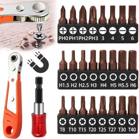 Set de 26 mini tournevis à cliquer réversible Tournevis magnétique avec embouts divers pour réparation, entretien et bricolage. (1/5)