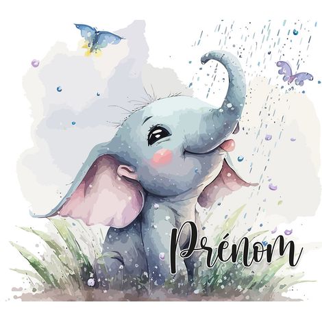 Papier peint panoramique enfant avec prénom personnalisable - Éléphanteau - 130 cm x 84 cm (1/2)
