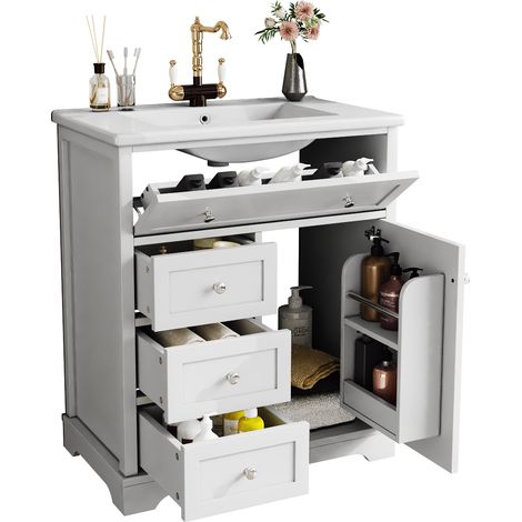 ELVMI Mobile da bagno con 1 anta, 3 cassetti, 1 nicchia e lavabo in ceramica, bagno, 76×46×87 cm (1/5)