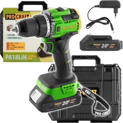 Procraft PA18LiH-1B-C Trapano avvitatore a batteria 20 V 80 Nm Brushless + 1x batteria 2,0 Ah + caricabatterie + valigetta