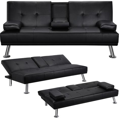 Yaheetech Divano Letto con 2 Braccioli Staccabili Divano Trasformabile Mobile Imbottito a 3 Posti Divanetto Reclinabile da Salotto con Supporto Centrale Porta Bicchieri Nero/Finta Pelle