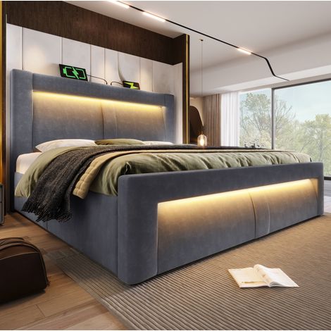 lit adulte rangement 160x200 LED velours gris OKMYHOME