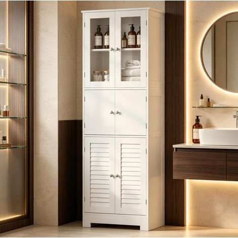Mobile bagno alto con 6 ante, 2 in vetro e 2 scorrevoli, MDF bianco, 60 x 30 x 170,5 cm (1/5)
