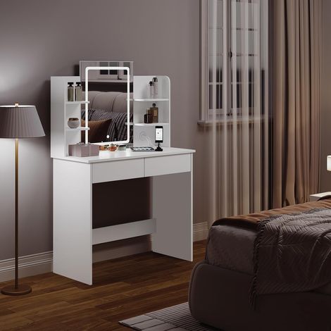 WOLTU Dressing Table, 3 Color LED Mirror Set, Vanity Makeup Table with 2 Drawers and Open shelves, White