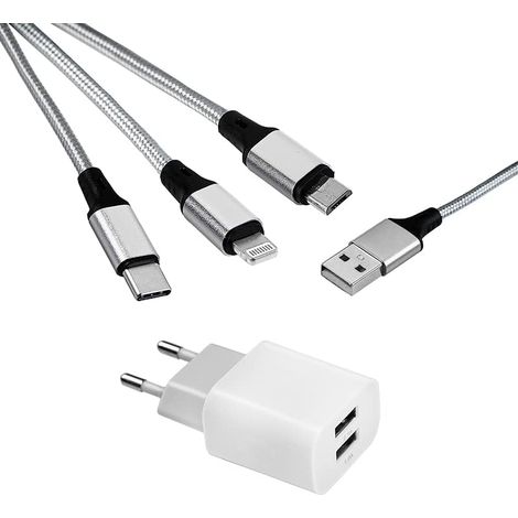 Pack Chargeur Mural Universel 5 V2 A/10 W avec 2 Ports USB + 3 en 1 Multi câble de Charge Universel USB vers Micro USB/USB-C/Lightning Compatible avec iPhone, Samsung, Huawei, Xiaomi (1/5)