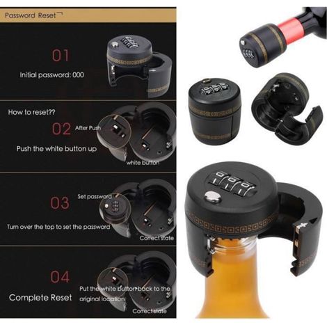 Bouchon De Bouteille - Bouchon De Vin - Hermetique - Serrure A Combinaison - ABS - Noir - 44 X 45 X 28 Mm - 1 Unite (1/4)